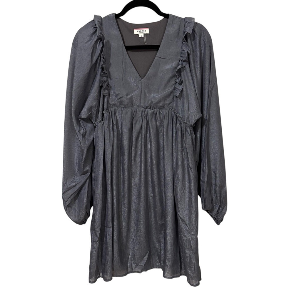 Andrée by Unit Metallic Charcoal Grey Ruffle Long Sleeve‎ Mini Dress